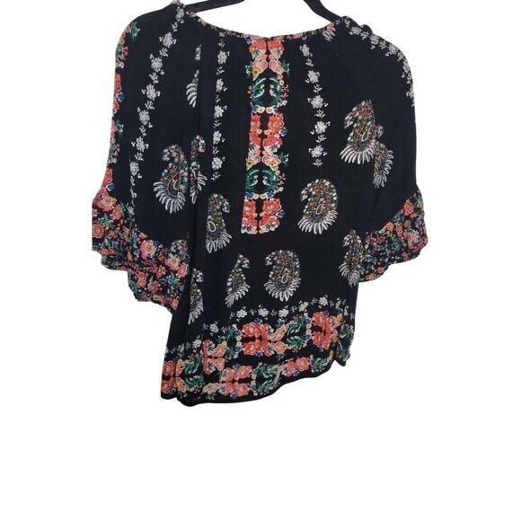 Boho Floral Print Peasant Blouse By Bila M Black Short Sleeves Ruffle Hem Lightw - Picture 4 of 4